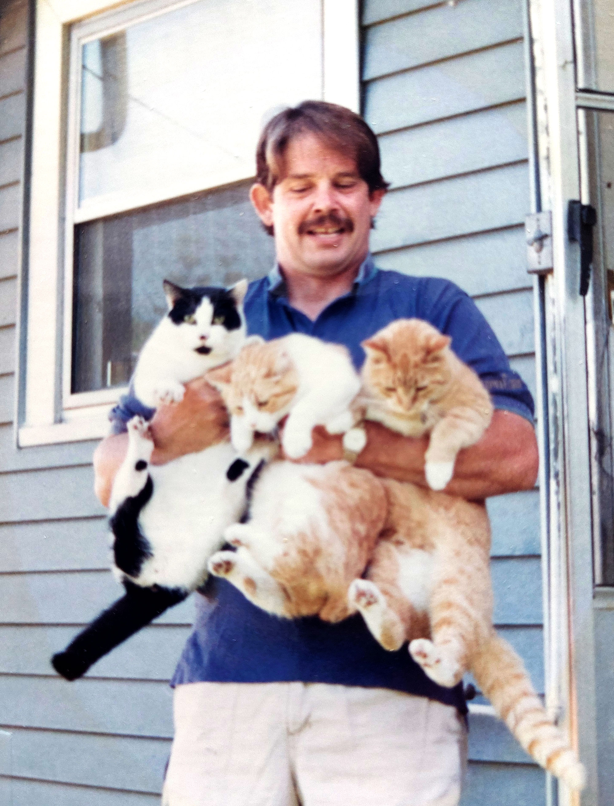 Phil holding 3 cats all at once